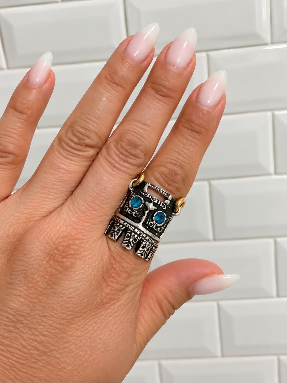 Sterling Silver Tribal Crown Ring with Blue Stone Accents